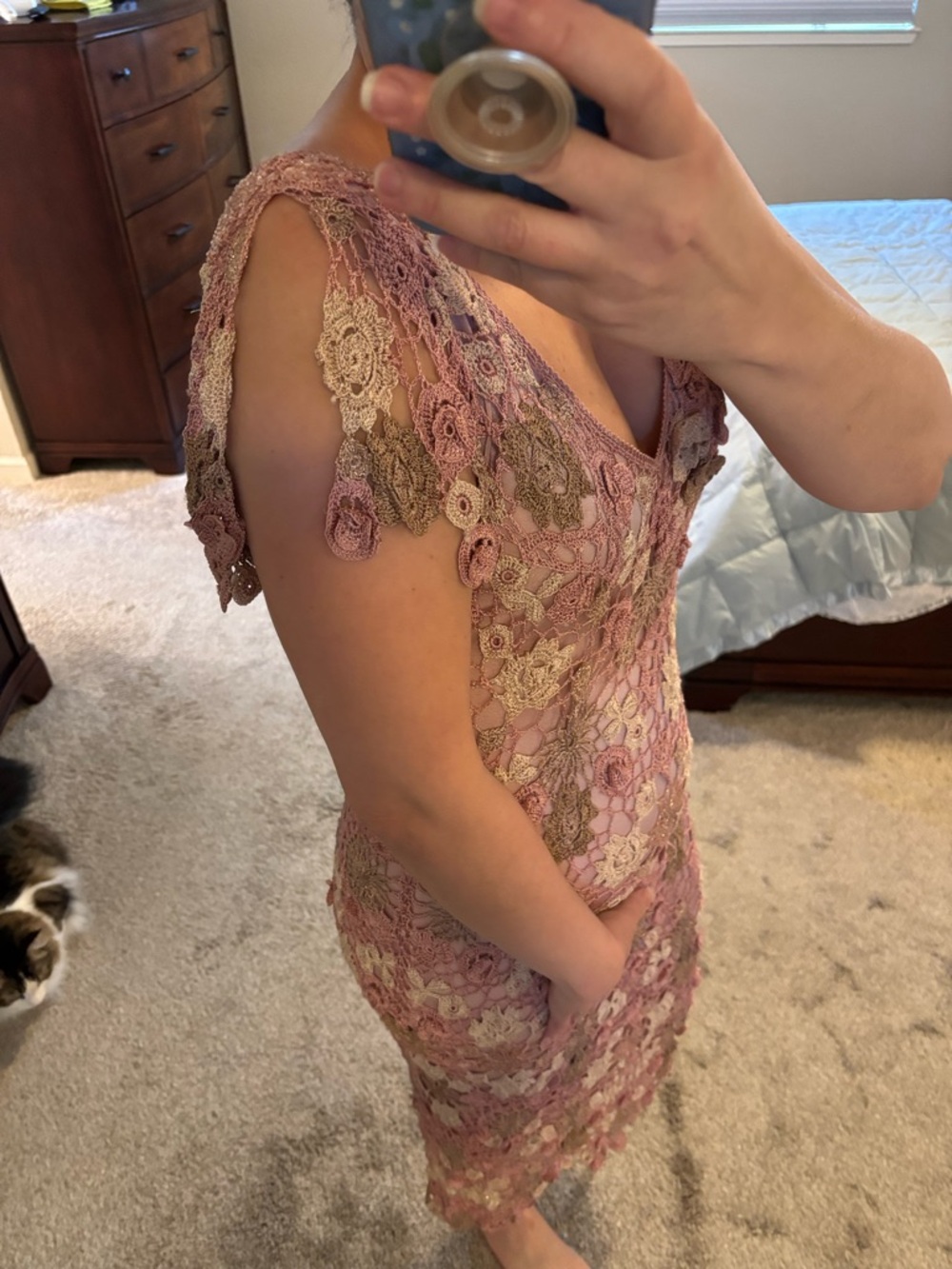 Vintage Karen Millen bohemian Crochet Floral Midi Dress in Pink and Cream 2 - Picture 5 of 8